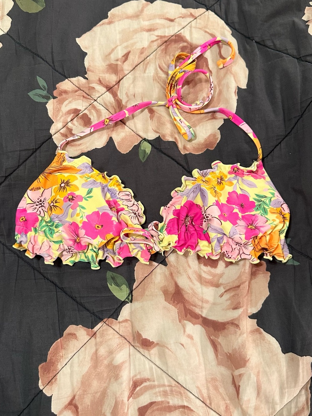 Wild Fable Floral Ruffle Triangle Bikini Top in Pink, Yellow and Green